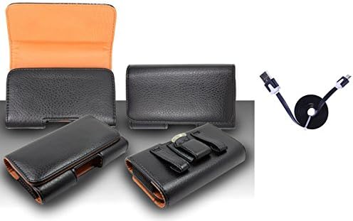 For LG K7 (2016) Premium Classic Black Pebble Texture Leather Belt Case Clip Holster Pouch (Fit for Phone With Slim Case Together) + 3 Feet Data Sync Charger Flat Cable