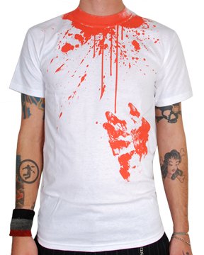 Rock Steady CHOP SUI Bloody Hand Print Mens Short Sleeve Halloween T Shirt In White and Red