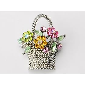 Multi Rhinestone Pastel Spring Flower Basket Pin Brooch
