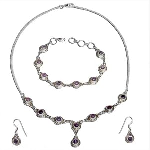 Sterling Silver Jewelry Set Amethyst Necklace Earring and Bracelet (gnklcs366) by