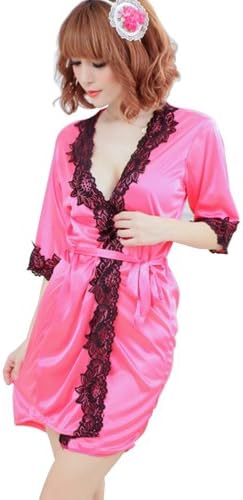 Zeagoo Womens Sexy Lingerie Lace Robe Pajamas Night Dress Nightwear+ G-String Rose Red