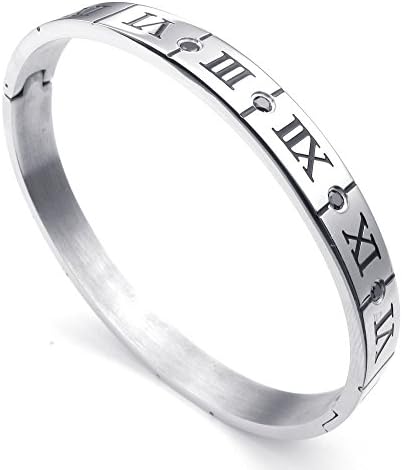 [PW] Mens Womens CZ Stainless Steel Bracelet Roman Numerals Numbers Cuff Bangle Silver Black