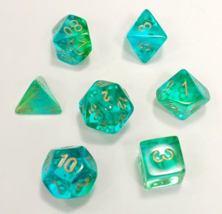 Polyhedral 7-Die Gemini Dice Set - Translucent Green-Teal with White Polyhedral 7-Die Gemini Dice Set - Translucent Green-Teal with White