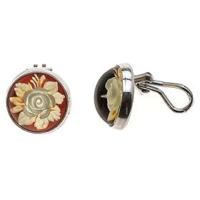 Certified Genuine Baltic Amber and Sterling Silver Round Flower Filigree Clip Earrings by 