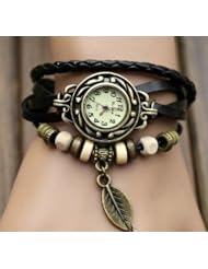 Black Color Quartz Fashion Weave WRAP Around Leather Bracelet Lady Woman Wrist Watch