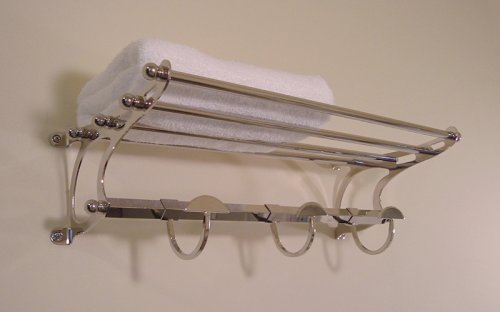 Polished Nickel Paris Hotel or Train Rack style Towel Shelf with Hooks