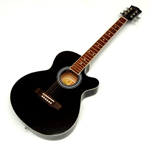 4/4 Akustik Western Gitarre in Schwarz mit weißem Rand, Rosenholz Griffbrett + Ersatzsaiten + Plektron