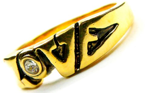 Unique Retro Love Ring, 1/4 Carat Bezel Diamond, Genuine 18k Yellow Gold Plated Band (Available in Size 5, 6, 7, 8, 9, 10)