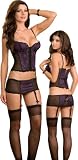 Sexy Purple and Black Bustier Lingerie Set with Mini Skirt, Thong, Garters & Stockings