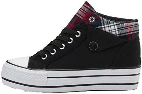 Wuyiwan Womens Increase Casual Fashionable Lace-up Plaid Plats Canvas Shoes(5.5 B(M) US, Black)
