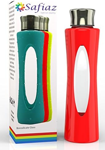 Premium Glass Water Bottle, By Safiaz, with Silicone Sleeve (20 Fl Oz) Bpa-free Glass, Eco Friendly, Durable, Reusable, Leak-proof, Dishwasher Safe, Drinking Bottles for Outdoors, Sports,