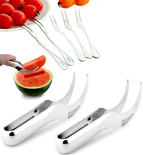 Pack of 2 Watermelon Slicer Cutter with 5 Stainless Steel Fruit Forks Or Dessert Forks Set, High Quality Stainless Steel Melon Slicer Corer Server knife Cutter Tongs, Durable and Easy to Use