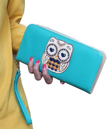 Donalworld Women Animal Cartoon Owl Print Long Blue Leather Wallet Wristlet Handbag