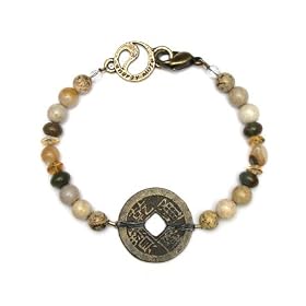 Jasper and Coral Earth Bracelet with Chinese Coin - 7 1 2 by Energy Muse