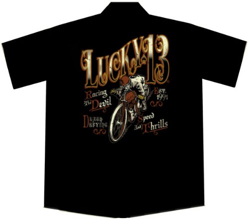  Vintage Motorcycle Daredevil Biker Work Shirt, Racing the Devil, Lucky 13