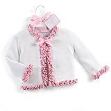 Mud Pie Baby Lil' Chick White Woven Cotton Cardigan Sweater with Ruffle, White/Pink, 0 - 6 Months