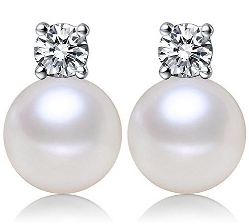 Women White 8-9mm Freshwater Pearl Cubic Zirconia Stud Earrings 925 Sterling Silver by Joyfulshine