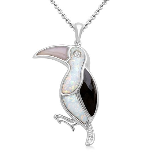 Sterling Silver Created Opal and Onyx Crow Pendant, 18
