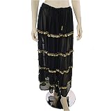 Belly Dancing Black Chiffon Gold Coin Skirt, 4 tiers of gold coins and beads, flowing 124" hem on this long bellydance skirt