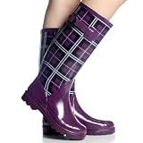 Purple Plaid Rubber Rain Casual Women's Mid-Calf Boots Footwear