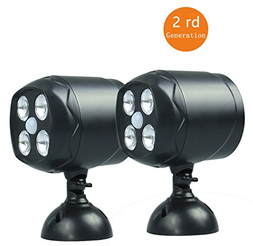 HapWay 2 Pack 600-Lumen Bright Weatherproof Wireless Battery Powered 4 Led Wall Light Motion Sensor Outdoor Spotlight with Activated Light and Motion Sensor for Decks,Porch（4*3w Led Bulbs，Black）