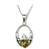 Green Amber and Sterling Silver Irish Claddagh Pendant, 18