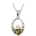Certified Genuine Green Amber and Sterling Silver Claddagh Celtic Irish Pendant on Italian Sterling Silver Rolo Chain, 18