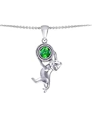 Original Star K (tm) Cat Lover Pendant with May Birthstone Round 7mm Simulated Emerald in .925 Sterling Silver