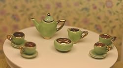 Dollhouse Miniature Tea Set in Apple Green and Gold