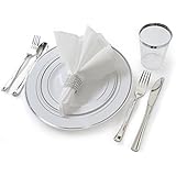"OCCASIONS" Full set - Wedding Disposable Plastic Plates, plastic silverware, silver rimmed tumblers and linen like napkins w/napkin rings (settings for 40 guests)