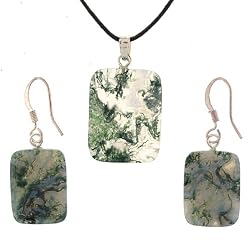 Moss Agate Rectangle Pendant and Earring Set - Pendant 17mm x 22mm, Earrings 13mm x 18mm - Adjustable Cord Necklace
