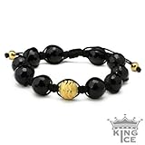 Diamond Cut Black Agate and Yellow Gold Sandblasted Buddhist Jabari Disco Ball Bracelet