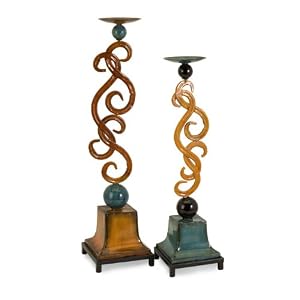 Set of 2 Distinctive Scroll Design Saffron and Yellow Pillar Candle Holders