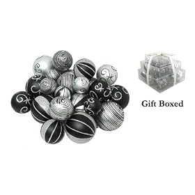 Pack of 27 Shatterproof Black & Silver Christmas Ball Ornaments - Gift Boxed