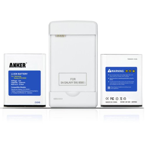 Anker® 2 x 2200mAh Li-ion Batteries for Samsung Galaxy S3 GT-I9300, T999(T-Mobile), I747(AT&T), I535(Verizon ), R530(U.S.Cellular ), L710(Sprint), fits EB-L1G6LLU, with Anker free travel charger, NOT NFC Capable