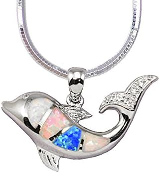 Hawaiian 18" Sterling Silver Dolphin with Rainbow Opal Necklace
