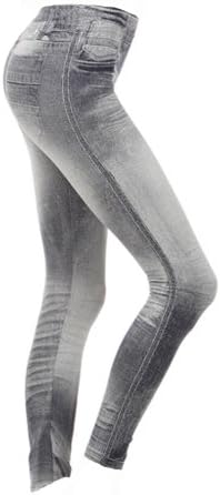 Sexy Women Banded Waistline Fake Denim Multi Pocket Jeans Print Leggings