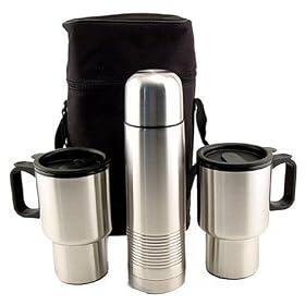 Coffe Thermos 2 Travel Mugs Black Canvas Tote by American Clocks