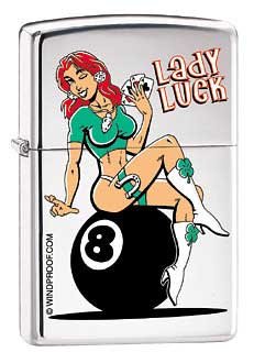 Zippo Lighter – Sexy Lady Luck on 8-ball 9196, HP Chrome