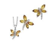 14K White Gold Citrine and Diamond Dragonfly Earrings and Necklace Set