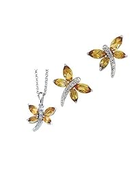 14K White Gold Citrine and Diamond Dragonfly Earrings and Necklace Set -- LIFETIME WARRANTY