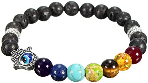 Men Hand Evil Eye Lava Rock Buddha Elastic Bead Bracelet Bangle