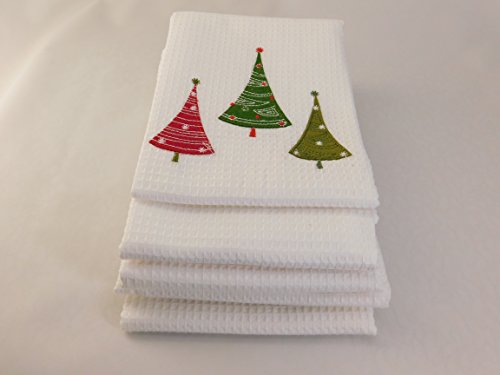 Embroidered Waffle Weave Kitchen Towels, Set of 4, Size: 17.25 by 28.5 Inches, Super Absorbent, 100% Cotton Tea Towels with hanging loop - Dish Cloth &amp; Dish Towels - Three Conical Trees