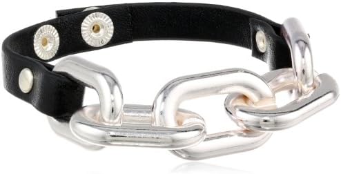 Leather Snap with Chain Jet Link Bracelet, 7"
