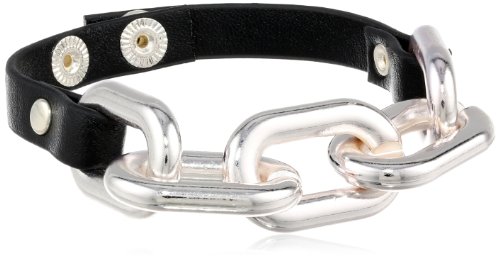 Leather Snap with Chain Jet Link Bracelet, 7"