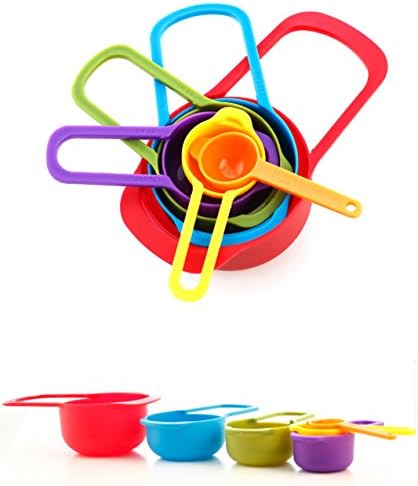 6 Pc Set of Plastic Nested Measuring Cups and Spoons. Stackable Space Saving Multicolor Design (Multi-color, Set of 6, 3.5 Oz / 100 G).