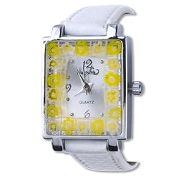 Pugster Square White Band Yellow Flower Encircled Murano Millefiori Watch Wrist