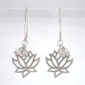Cut Out Design Lotus Flower Dangle Earring in Sterling Silver with Pearl Gemstone Beads, #8372