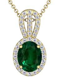 18K Yellow Gold Oval Cut Emerald And Round Diamond Pendant