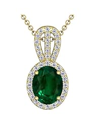 14K Yellow Gold Oval Cut Emerald And Round Diamond Pendant
